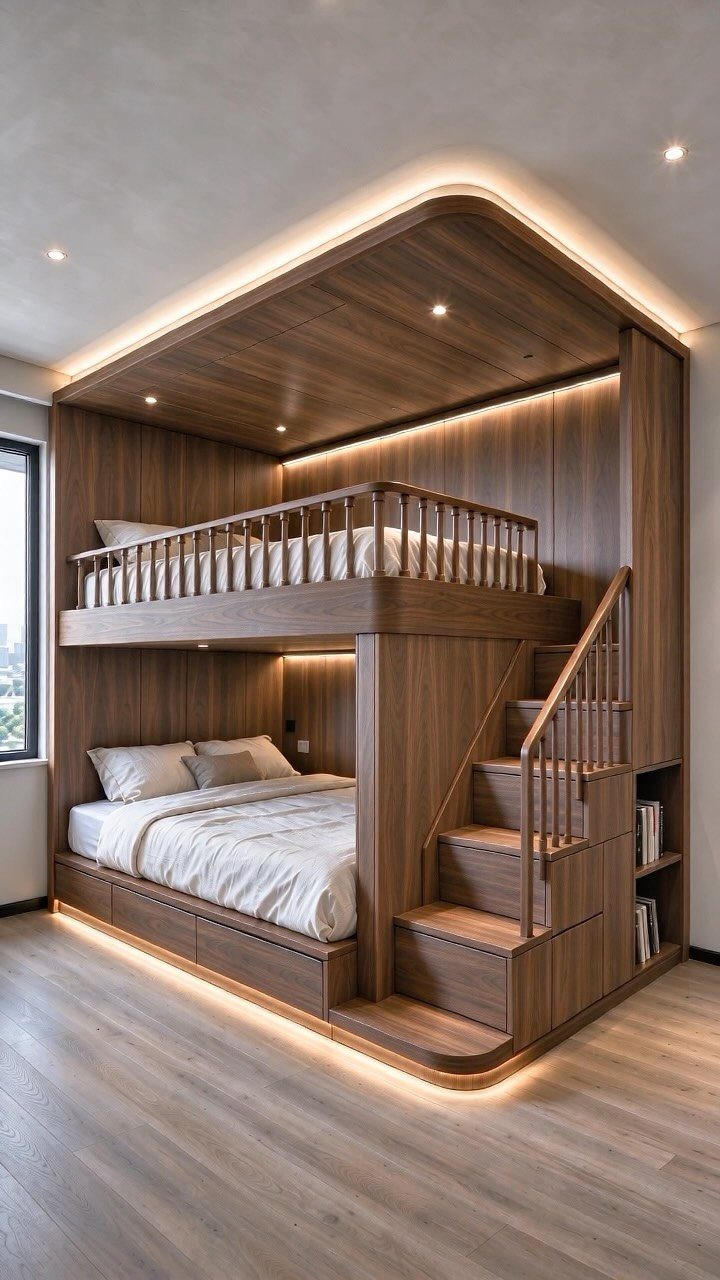 Custom wooden loft bed structure with integrated stairs and warm LED accent lighting.
