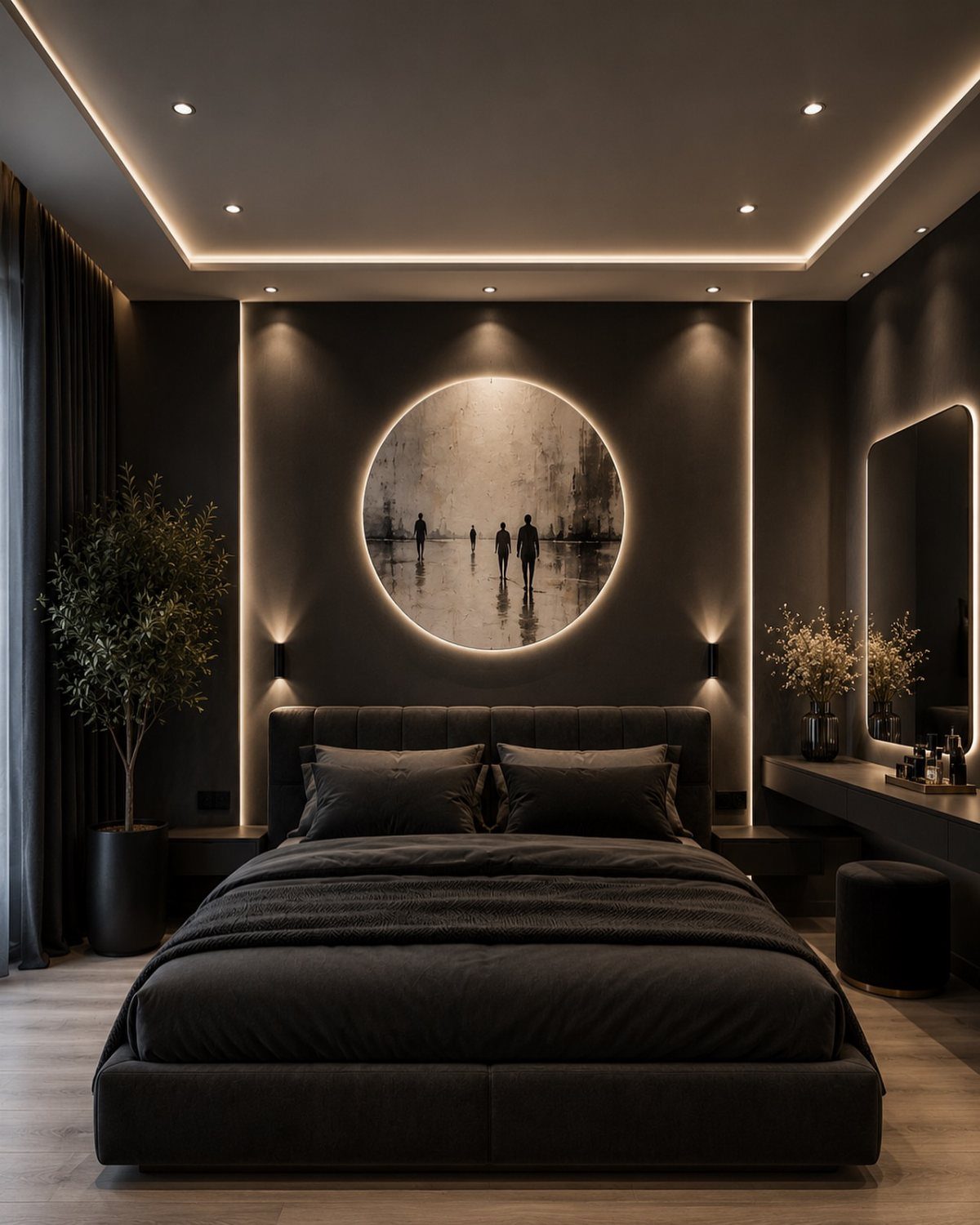 Dark grey upholstered bed in a modern luxury bedroom with circular backlit artwork.