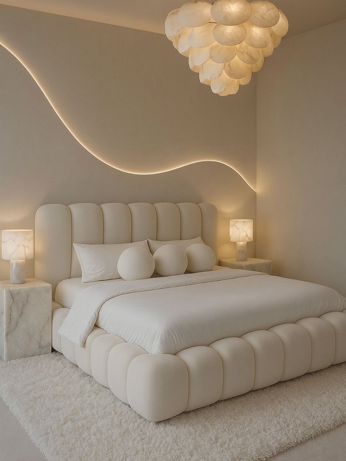 Plush white bed with rounded channeled edges in a neutral luxury bedroom setting.
