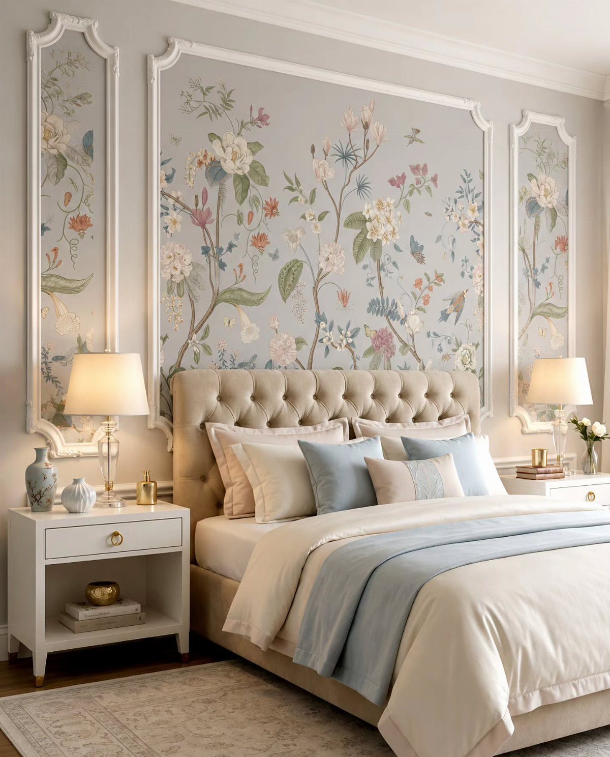 Floral wallpaper mural framed by white molding behind a tufted beige bed