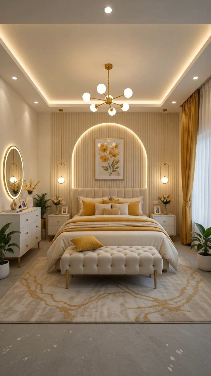 Luxury bedroom featuring a gold sputnik chandelier and layered ambient ceiling lighting.