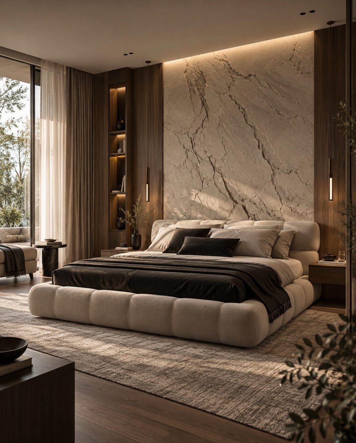 Modern luxury bedroom with beige upholstered bed, marble wall, and dark wood paneling.