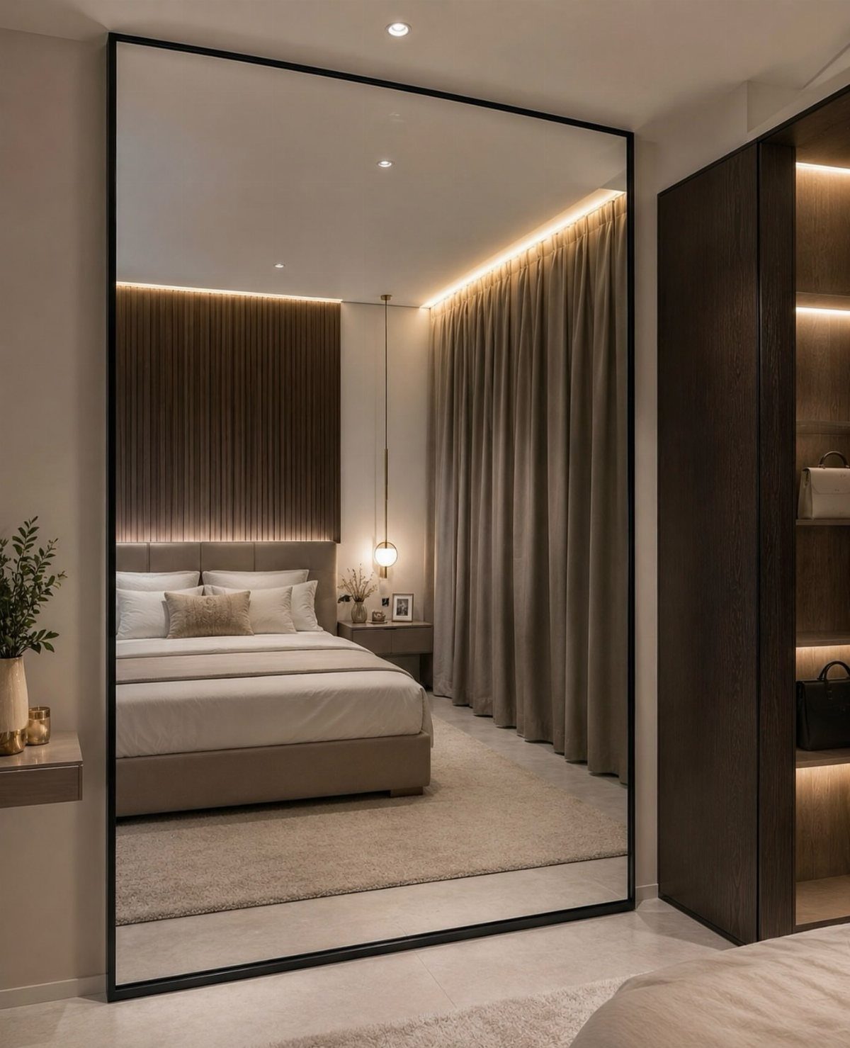 Large black-framed mirror reflecting a modern luxury bedroom with neutral tones and lighting.