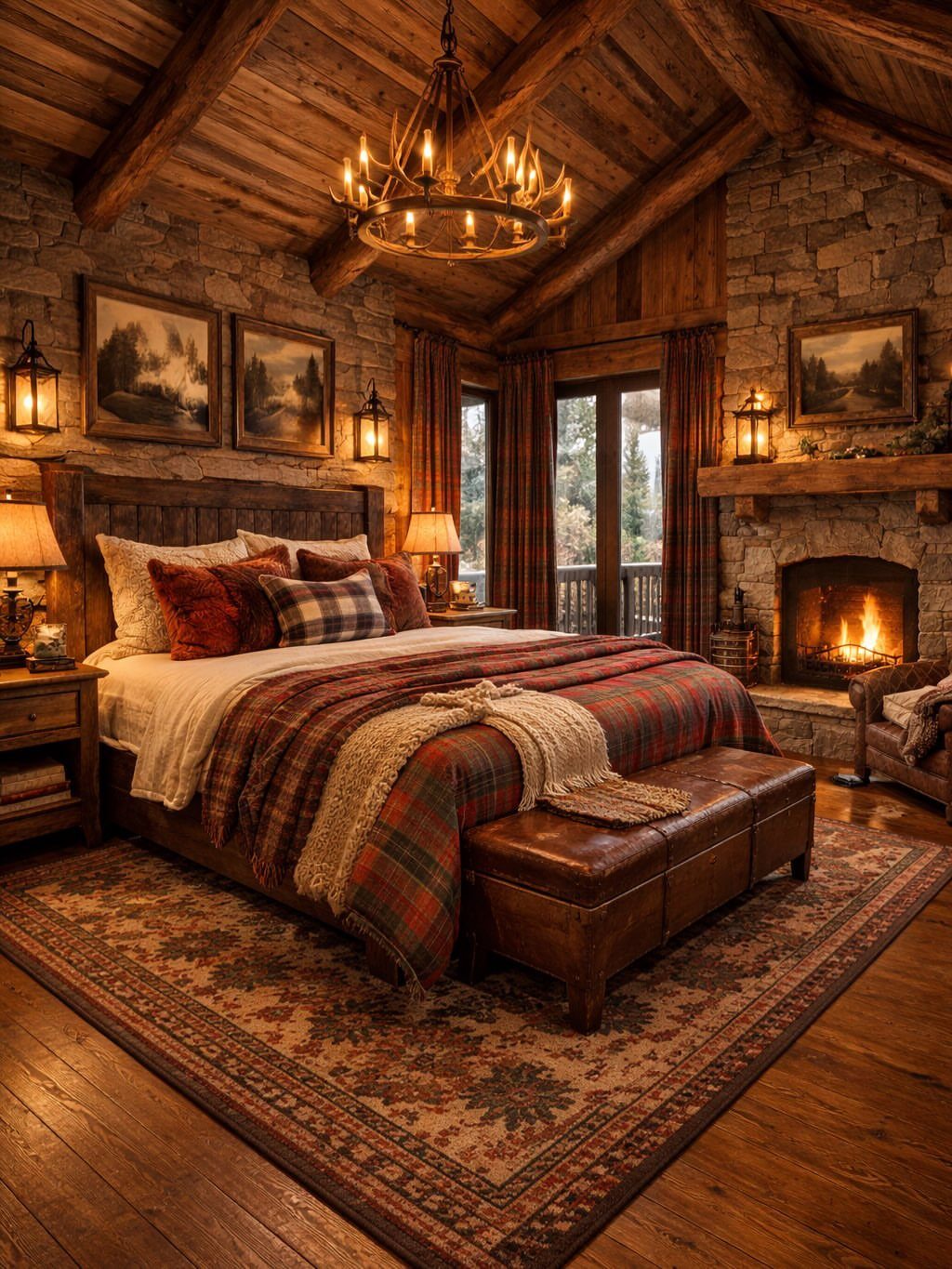 Rustic bedroom with heavy timber ceiling beams, stone walls, and a cozy fireplace.