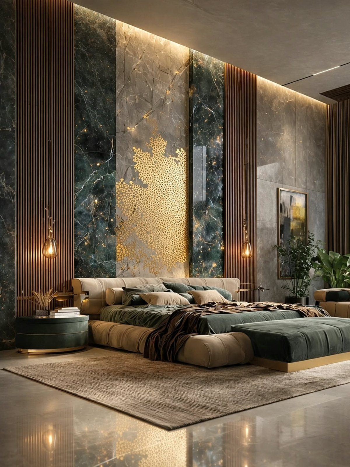 Luxury bedroom with dark green velvet ottoman and nightstand against a marble wall.