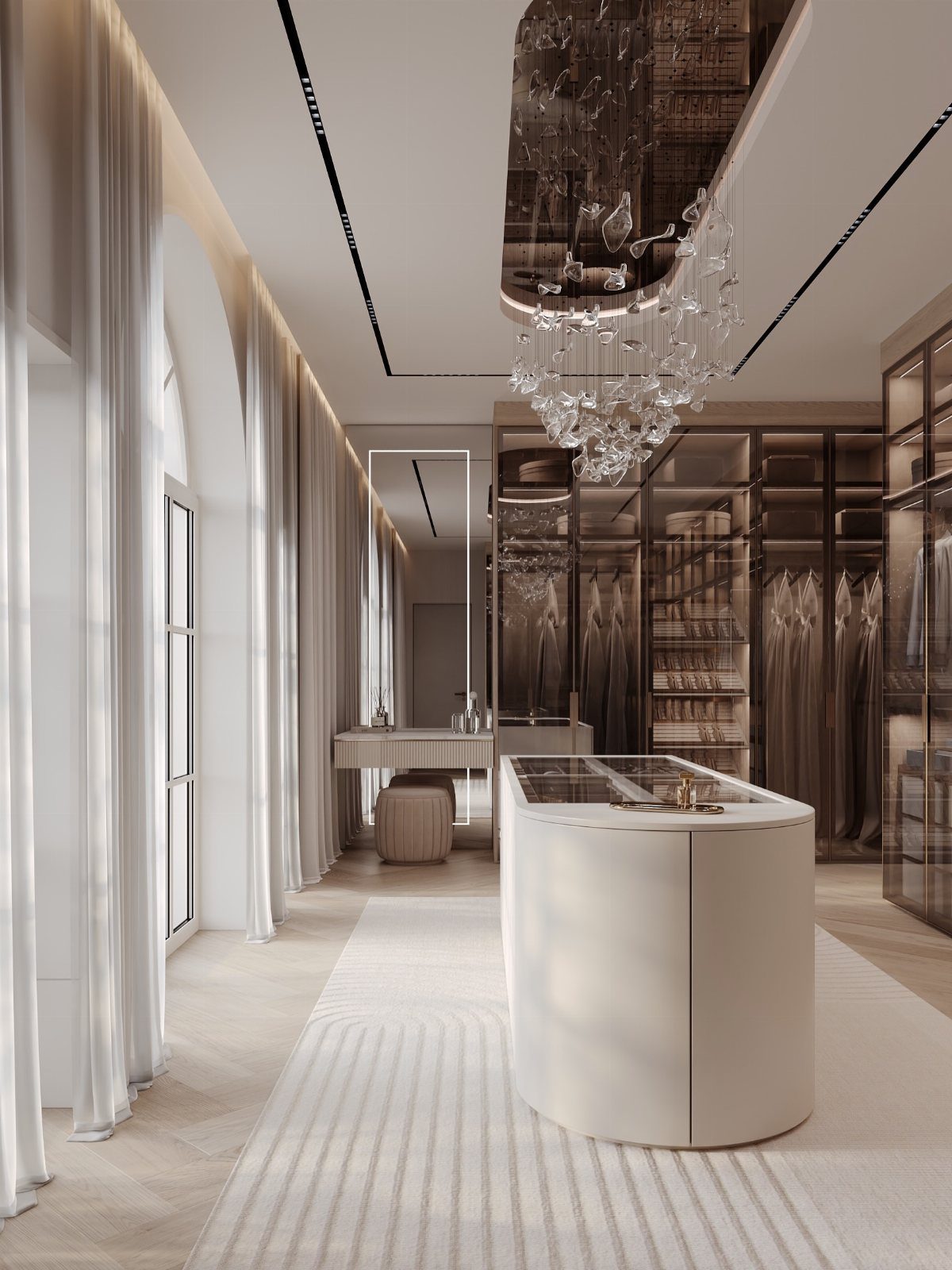 Luxury walk-in closet with glass wardrobes, central island, and a crystal chandelier.