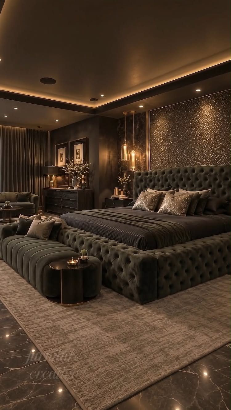 Luxurious dark grey tufted velvet bed in a modern bedroom with warm lighting.