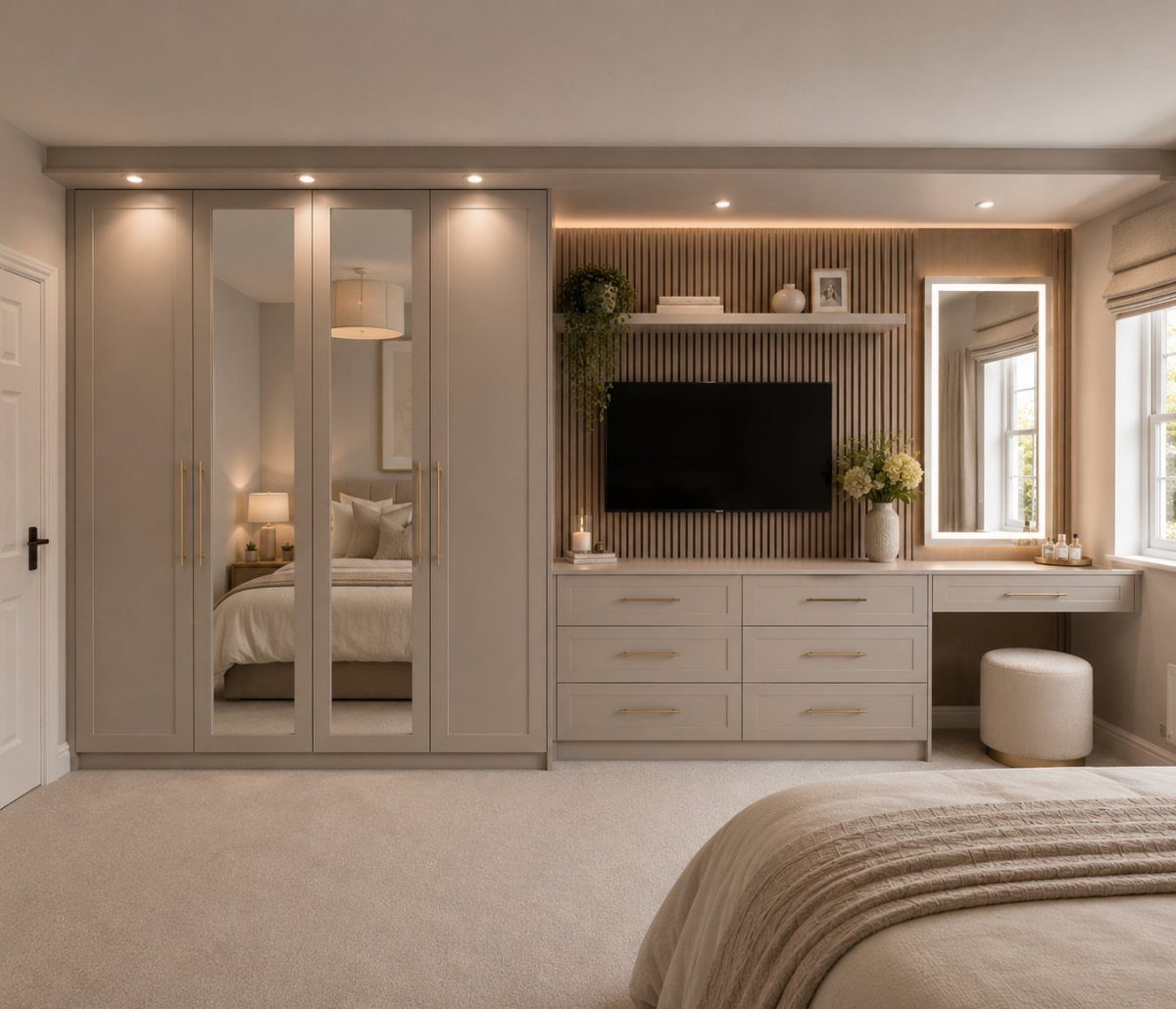 Built-in taupe wardrobe with mirrored doors next to a matching dresser and vanity.