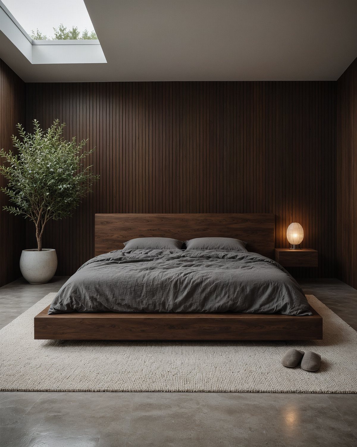 Low-profile dark wood platform bed with grey linens against a wood paneled wall