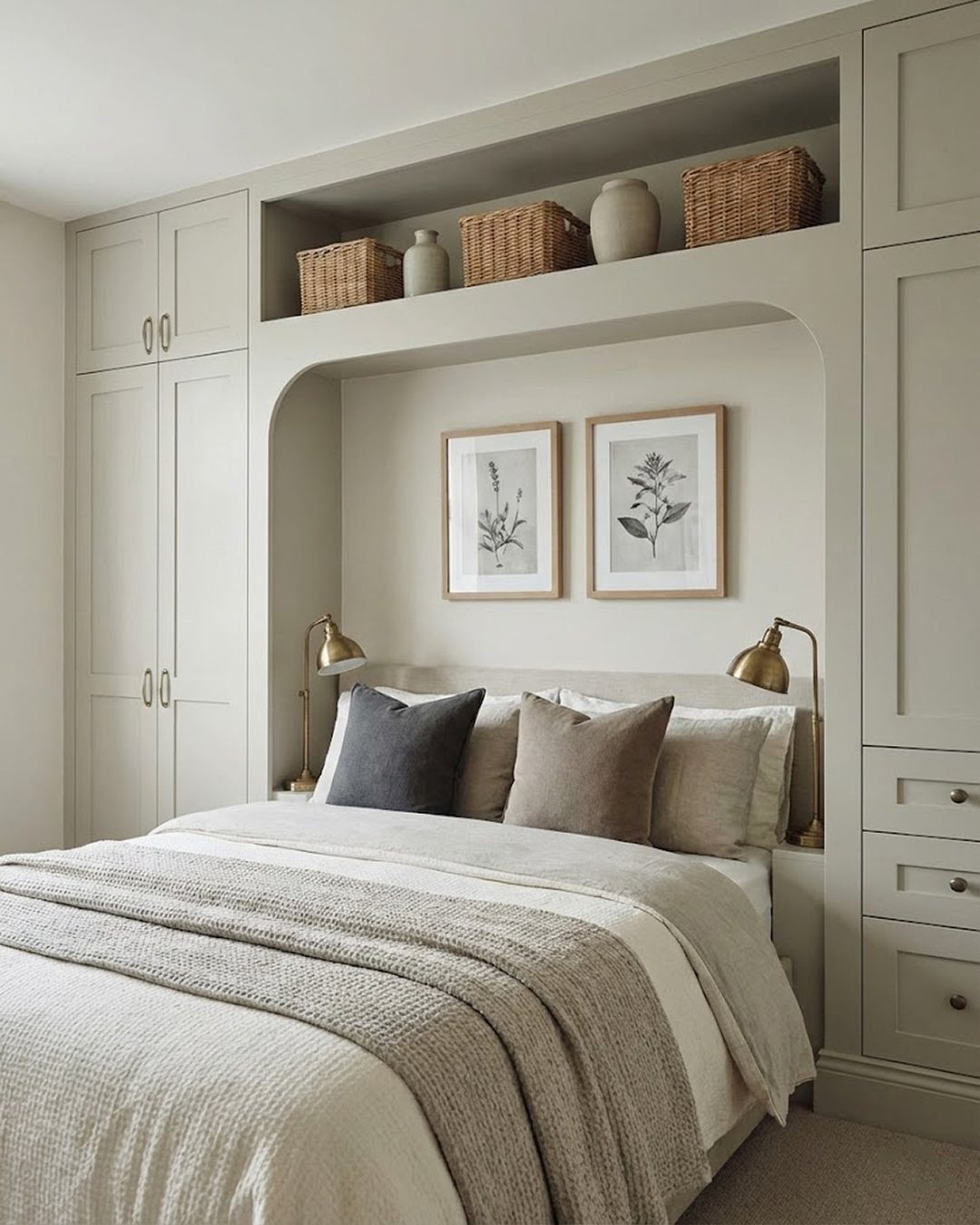 Master bedroom with neutral bedding, built-in grey cabinetry, and an arched wall alcove.