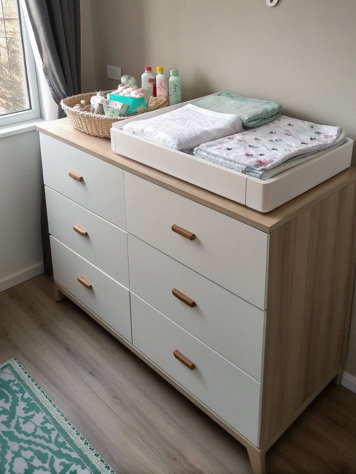 White and wood dresser with a changing pad and baby supplies on top.