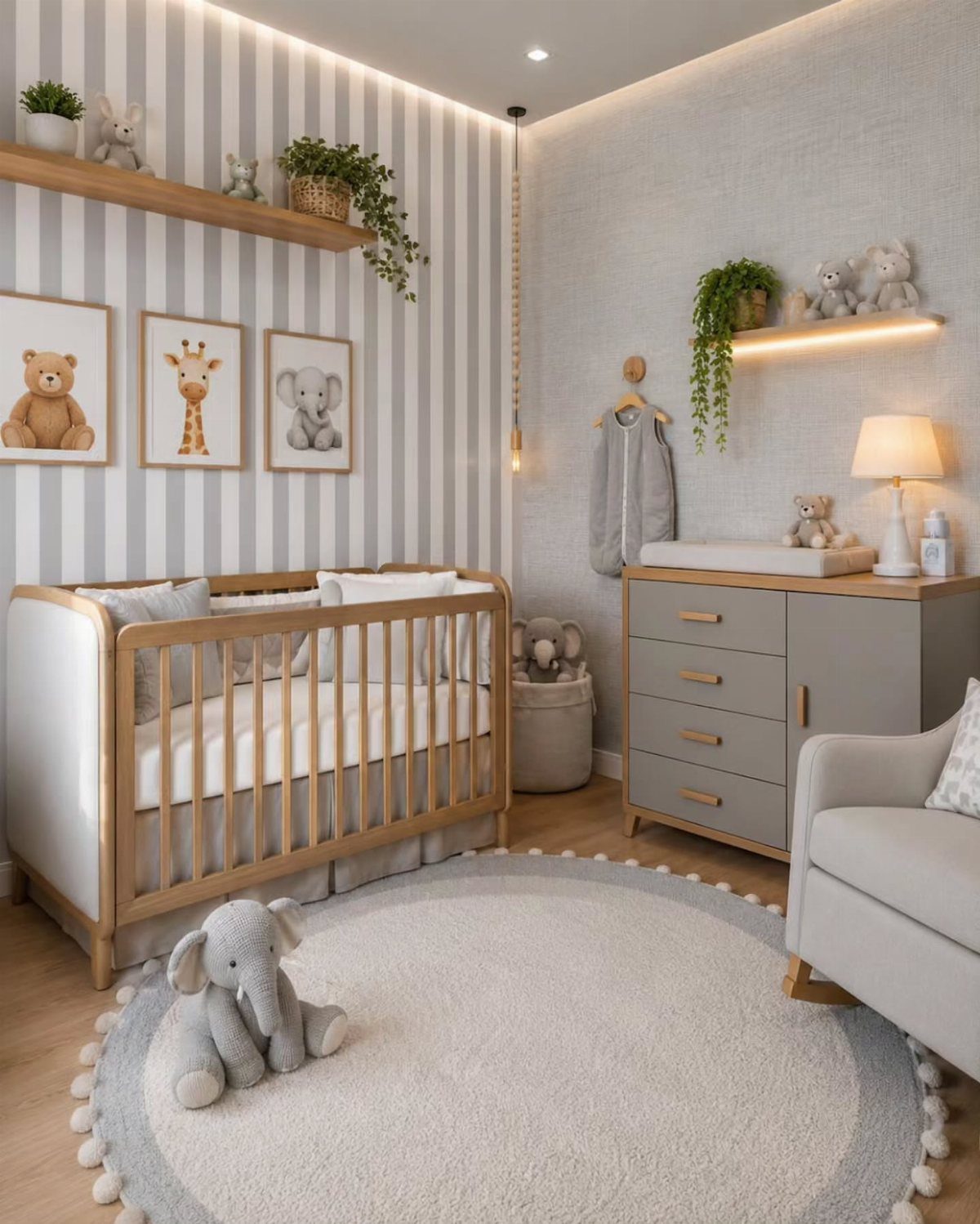 Nursery with grey and white vertical striped walls, mini crib, and grey dresser.