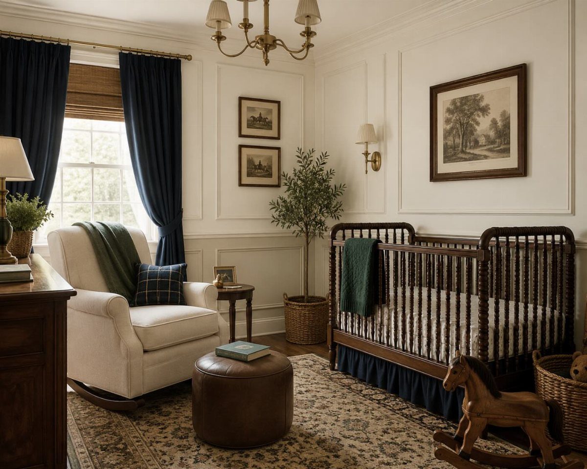 Dark wood crib and rocking horse in a classic nursery with white paneled walls.
