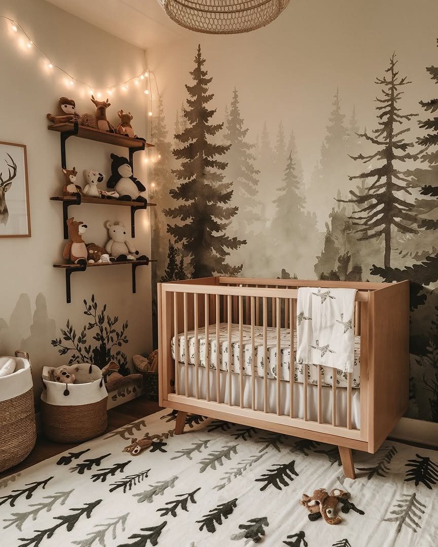Wooden crib in a nursery with a forest mural and stuffed animal shelves.