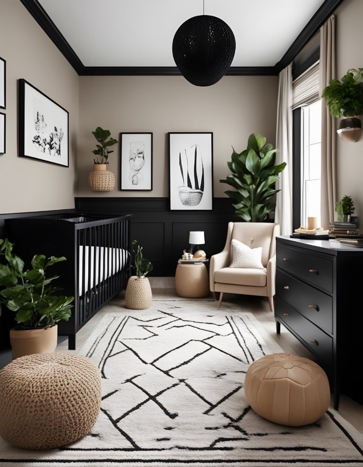 Modern nursery with beige walls, black furniture, and a geometric patterned area rug.