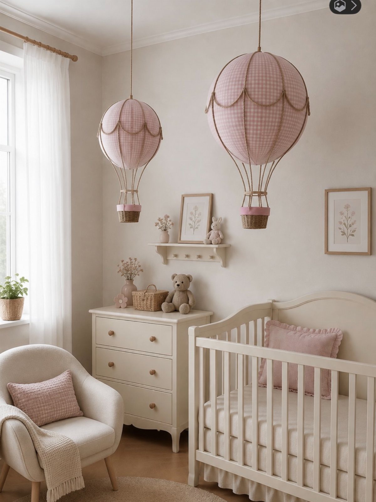 Nursery room with white furniture and pink checkered hot air balloons hanging from ceiling