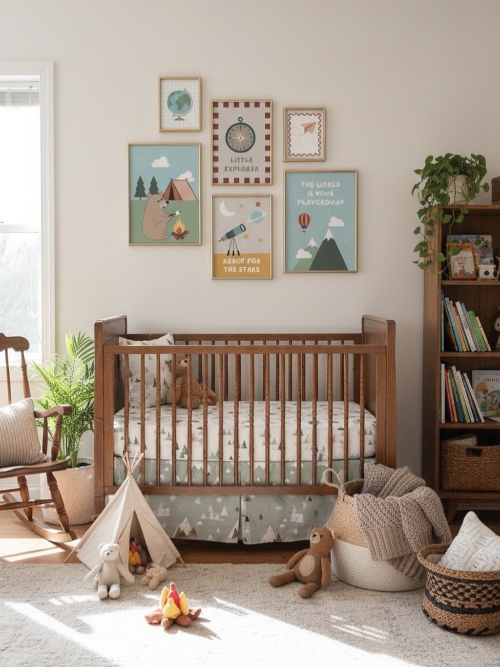 Wooden crib in a neutral nursery with framed maps and globes on wall