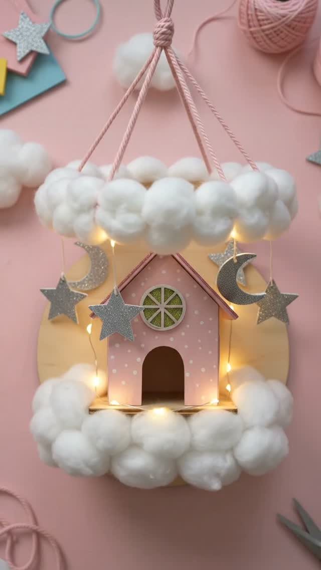 Handmade hanging house decoration with cotton clouds, glittery stars, and warm fairy lights.