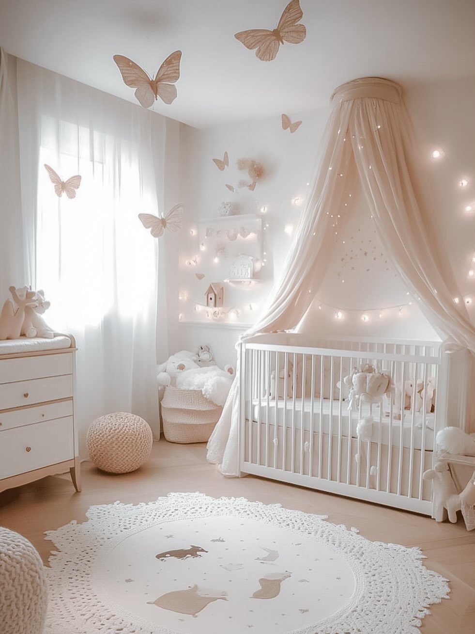 White nursery with a canopy crib, soft beige butterflies, and a round rug.