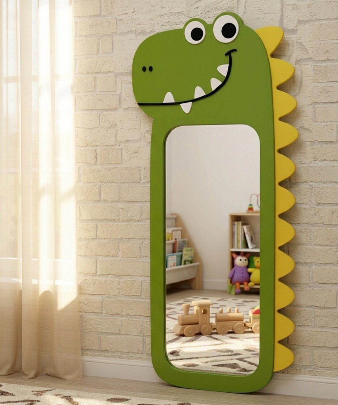 Dinosaur shaped mirror leaning against a white brick wall in a child's room