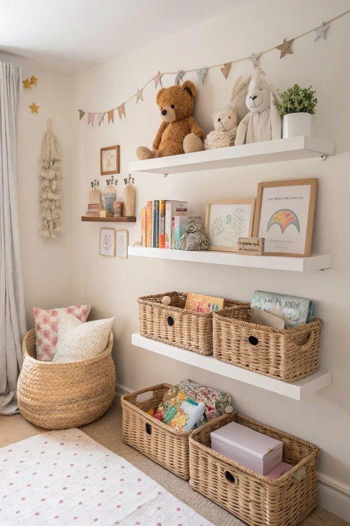 White floating wall shelves holding toys, books, and wicker baskets in a nursery.