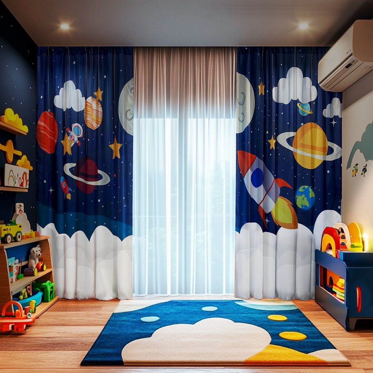 Space-themed dark blue blackout curtains and a matching blue rug in a nursery.