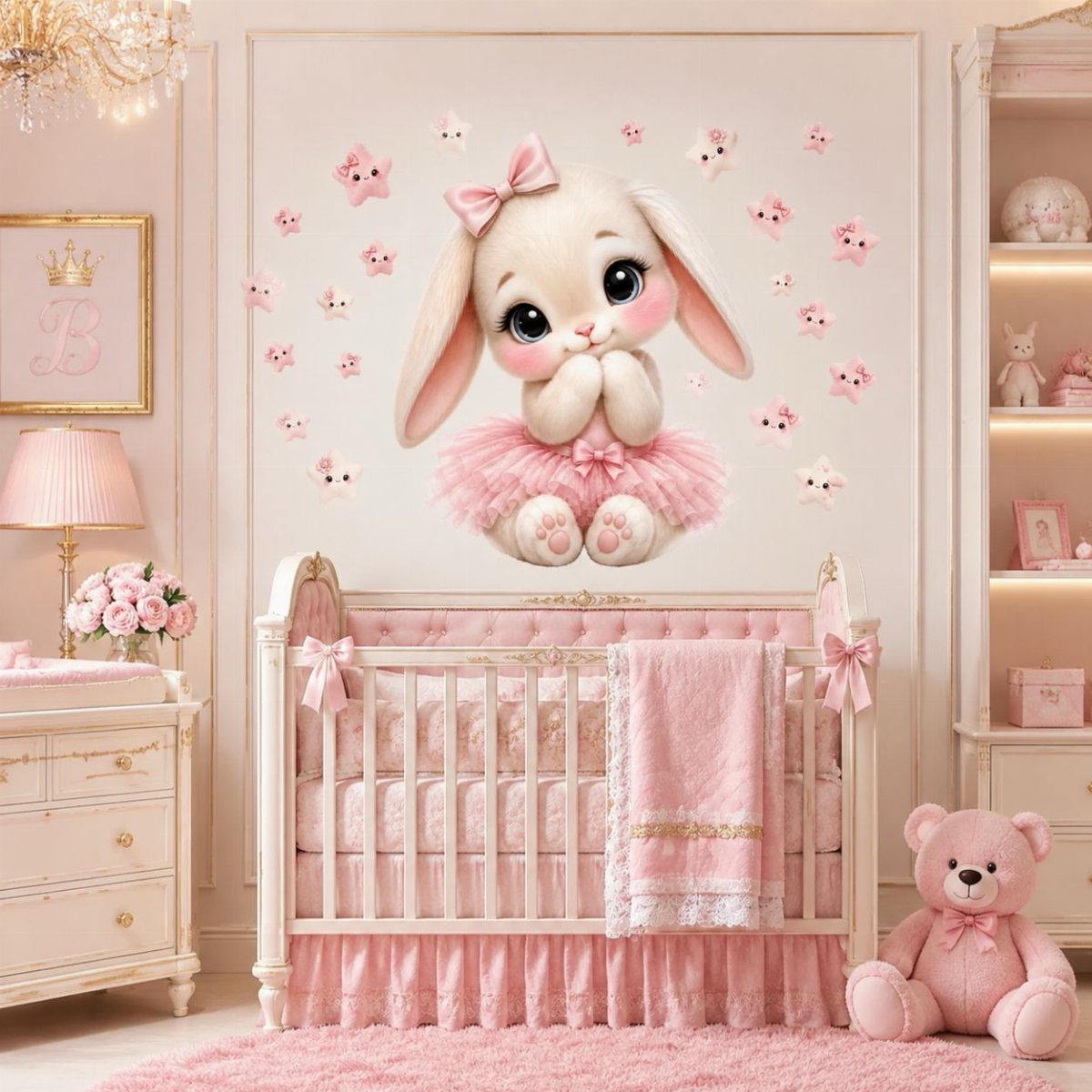 White crib and pink nursery decor with a large bunny wall decal