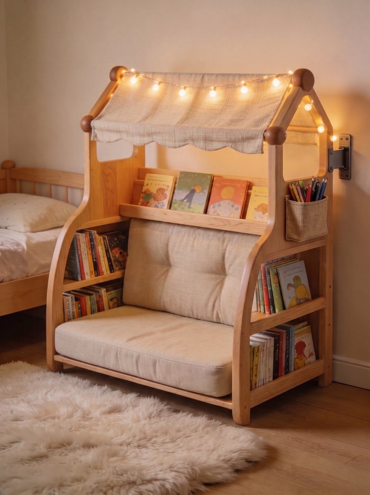 Wooden children's reading nook with built-in bookshelves, beige cushions, and warm string lights.
