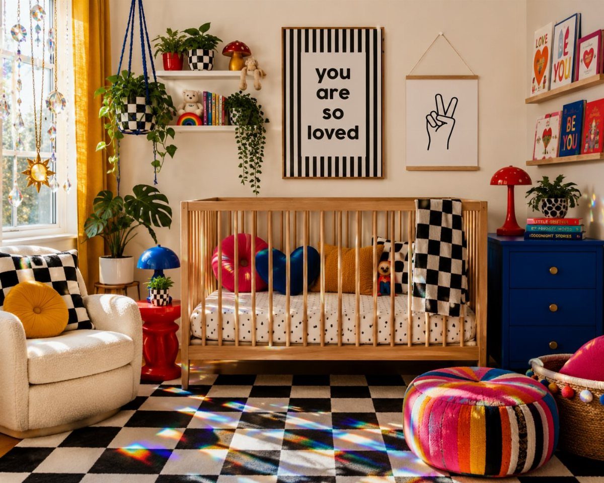 Nursery room with black and white checkered rug, pillows, and striped wall art.