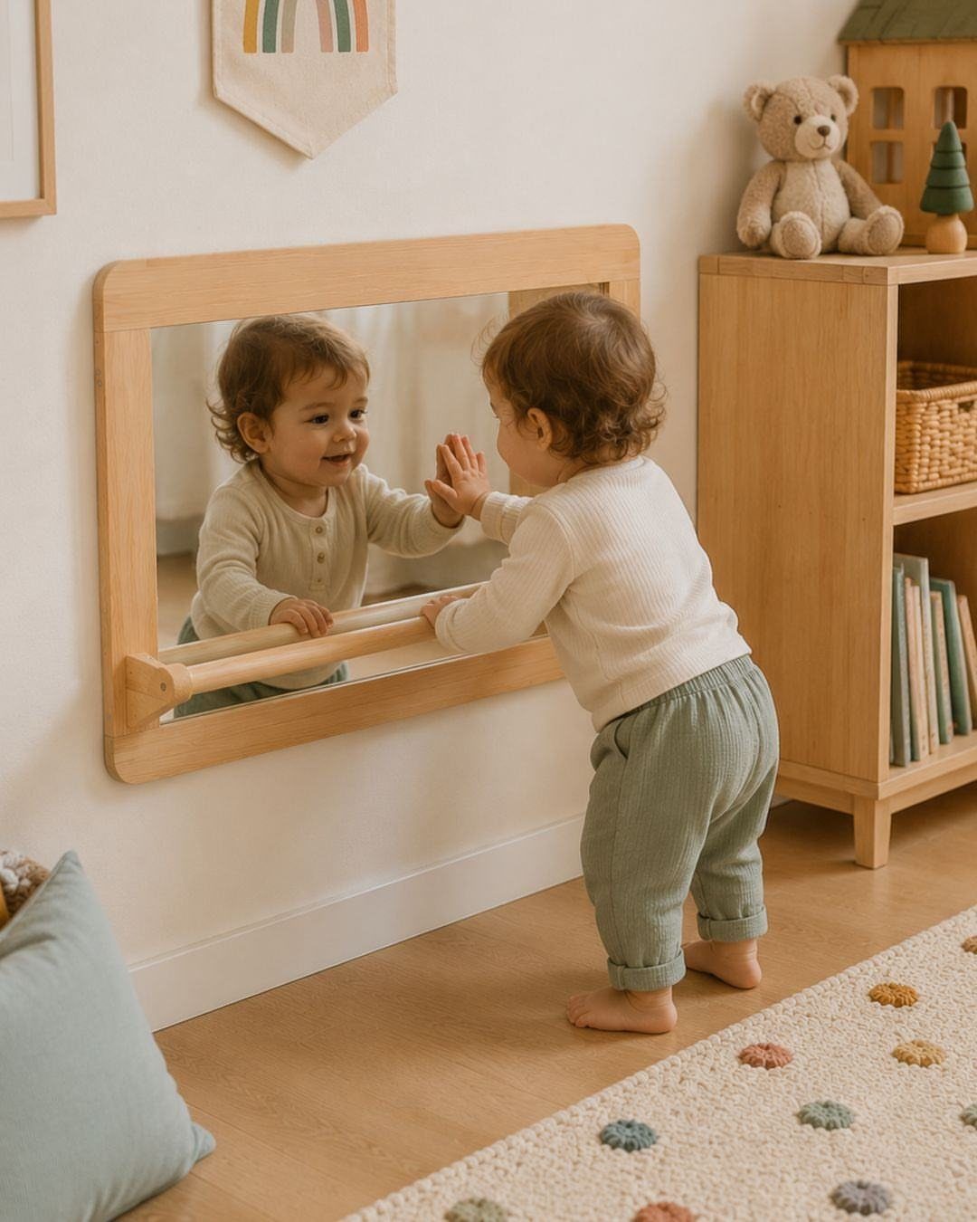 Toddler looking at their reflection in a low wooden-framed wall mirror in a nursery.