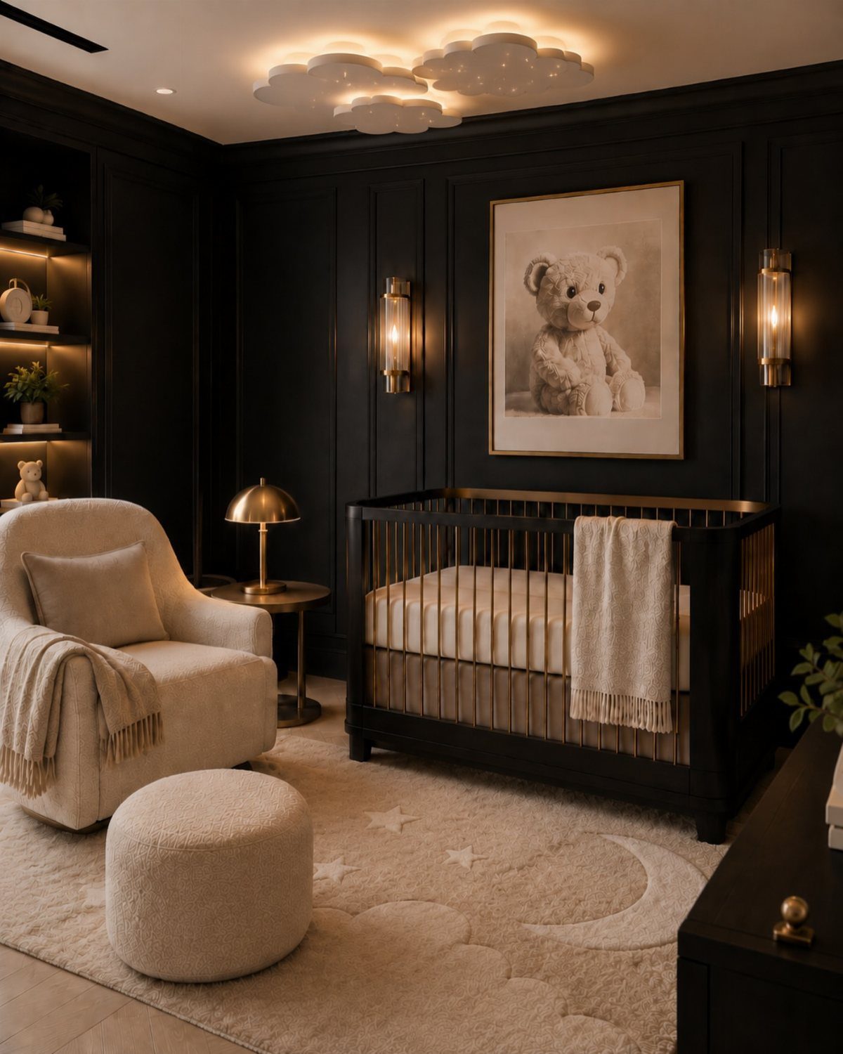 Moody nursery with black walls, a black crib, and cloud-shaped ceiling lighting.