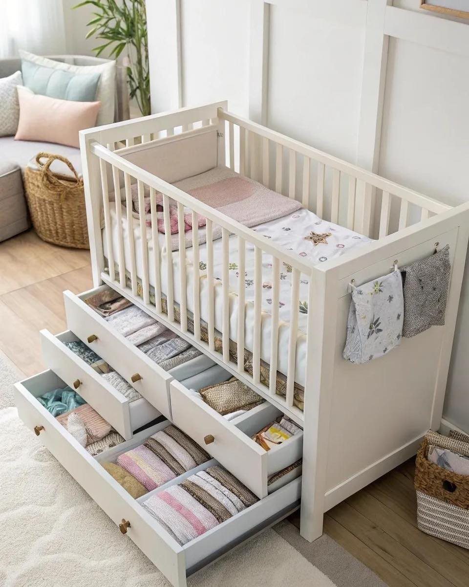 White wooden baby crib with integrated storage drawers filled with folded baby clothes.