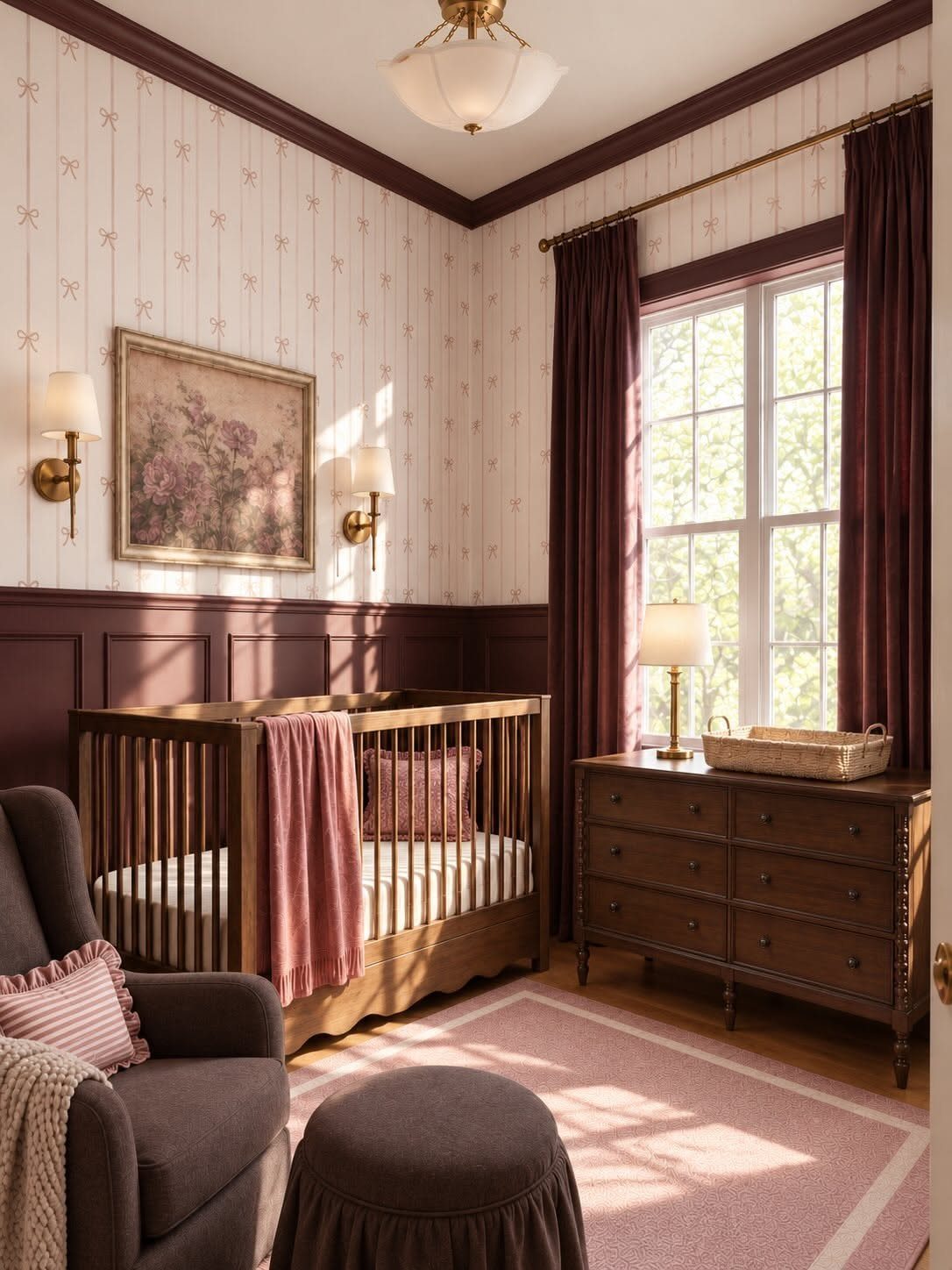 Dark wood crib and dresser in a nursery with burgundy accents and patterned wallpaper.