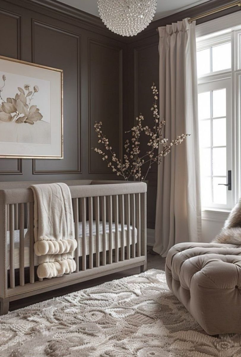 Greyish-brown crib and tufted ottoman in a nursery with dark brown paneled walls.