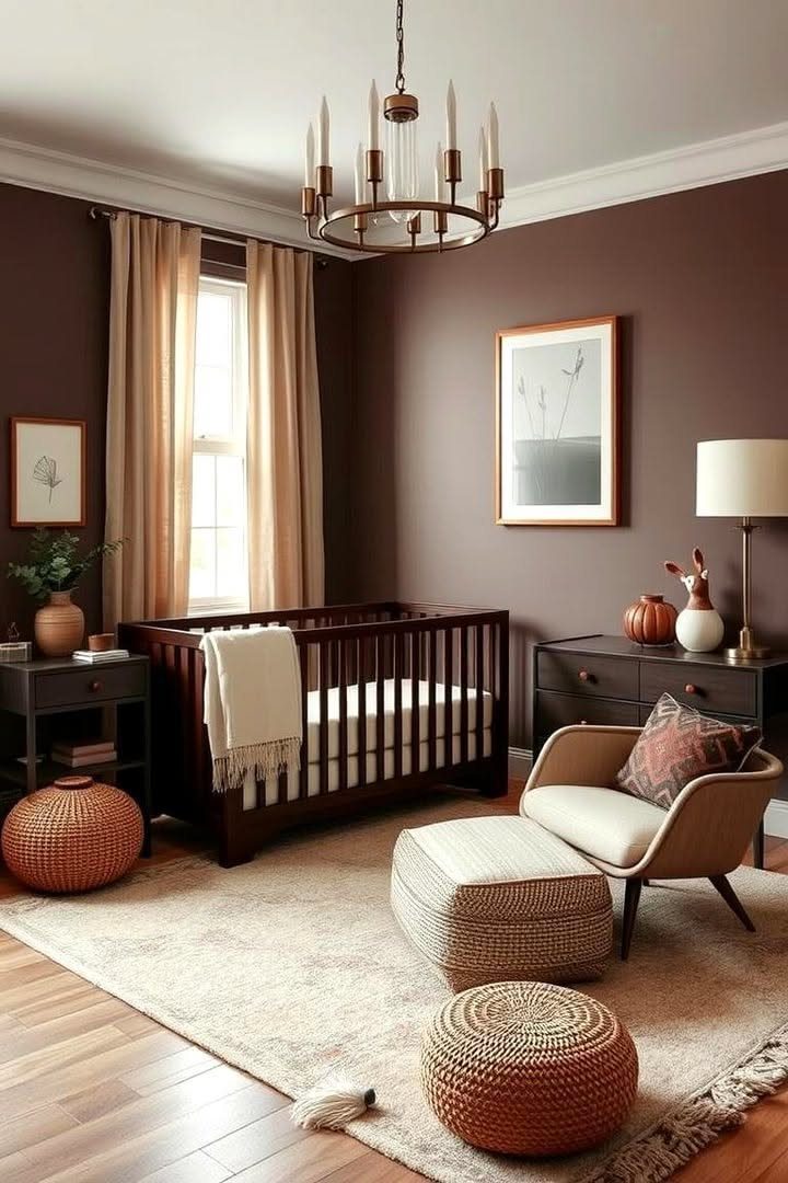 Nursery with dark brown walls, dark wood furniture, and neutral beige accents.