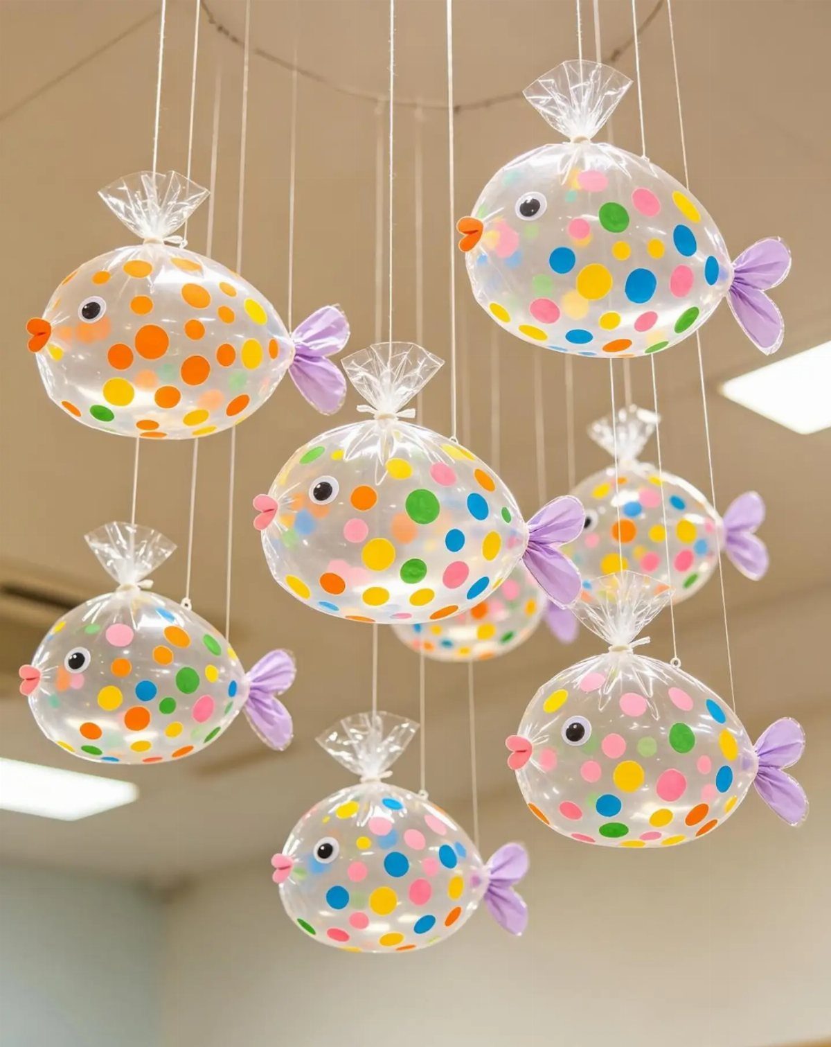 Colorful polka-dotted balloon fish hanging from the ceiling as ocean-themed decorations.
