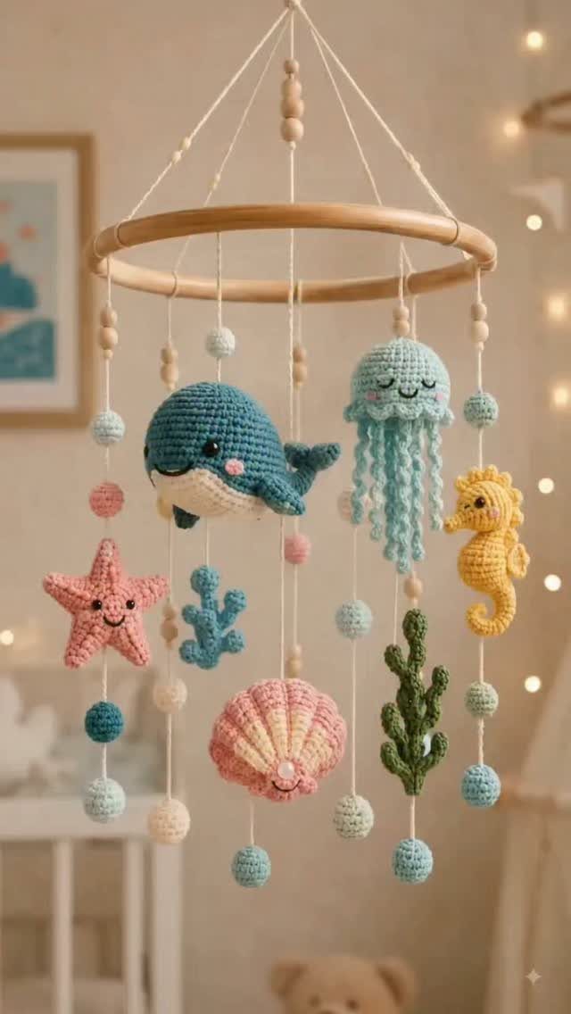 Crochet baby mobile with whale, jellyfish, seahorse, and starfish hanging from wooden hoop
