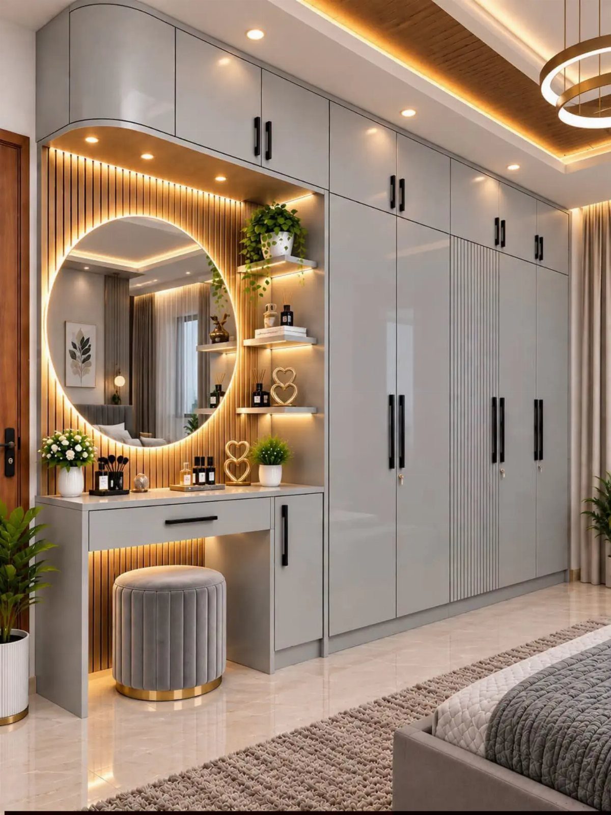 Modern grey built-in wardrobe with an integrated vanity desk and round backlit mirror.