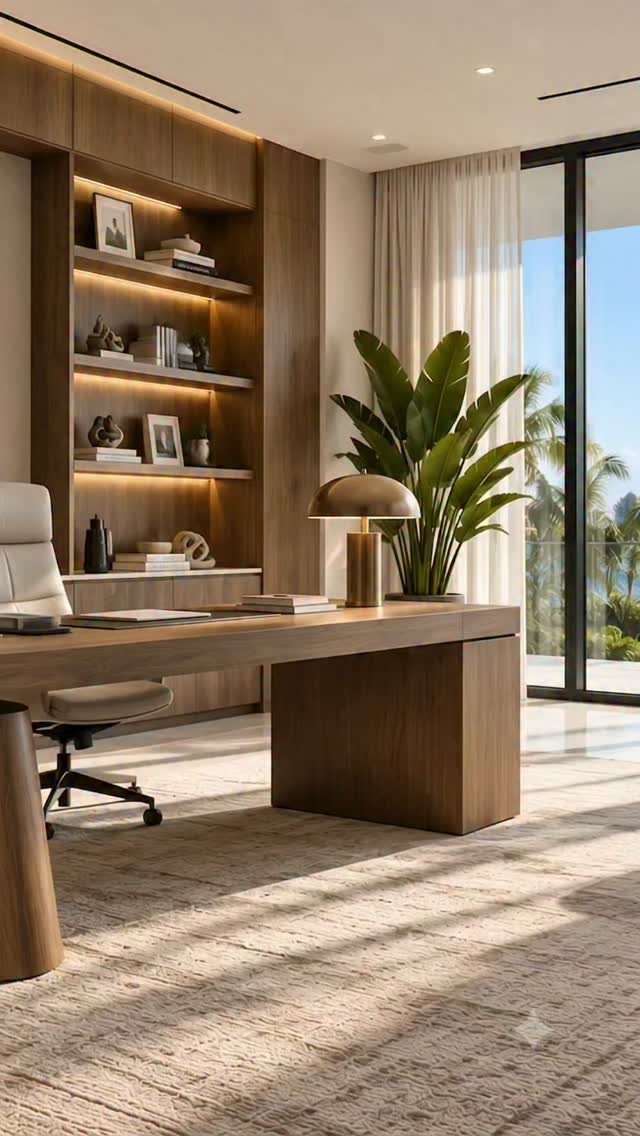 Wooden desk positioned next to a large window with a green potted plant.