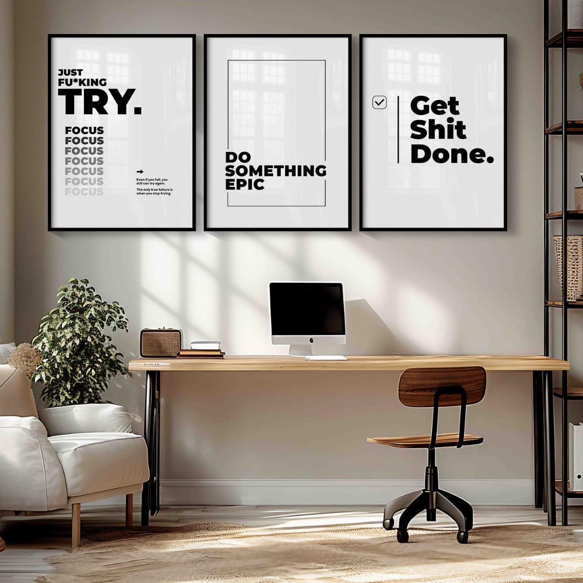 Wooden desk with a computer and three motivational posters hanging on the wall above.