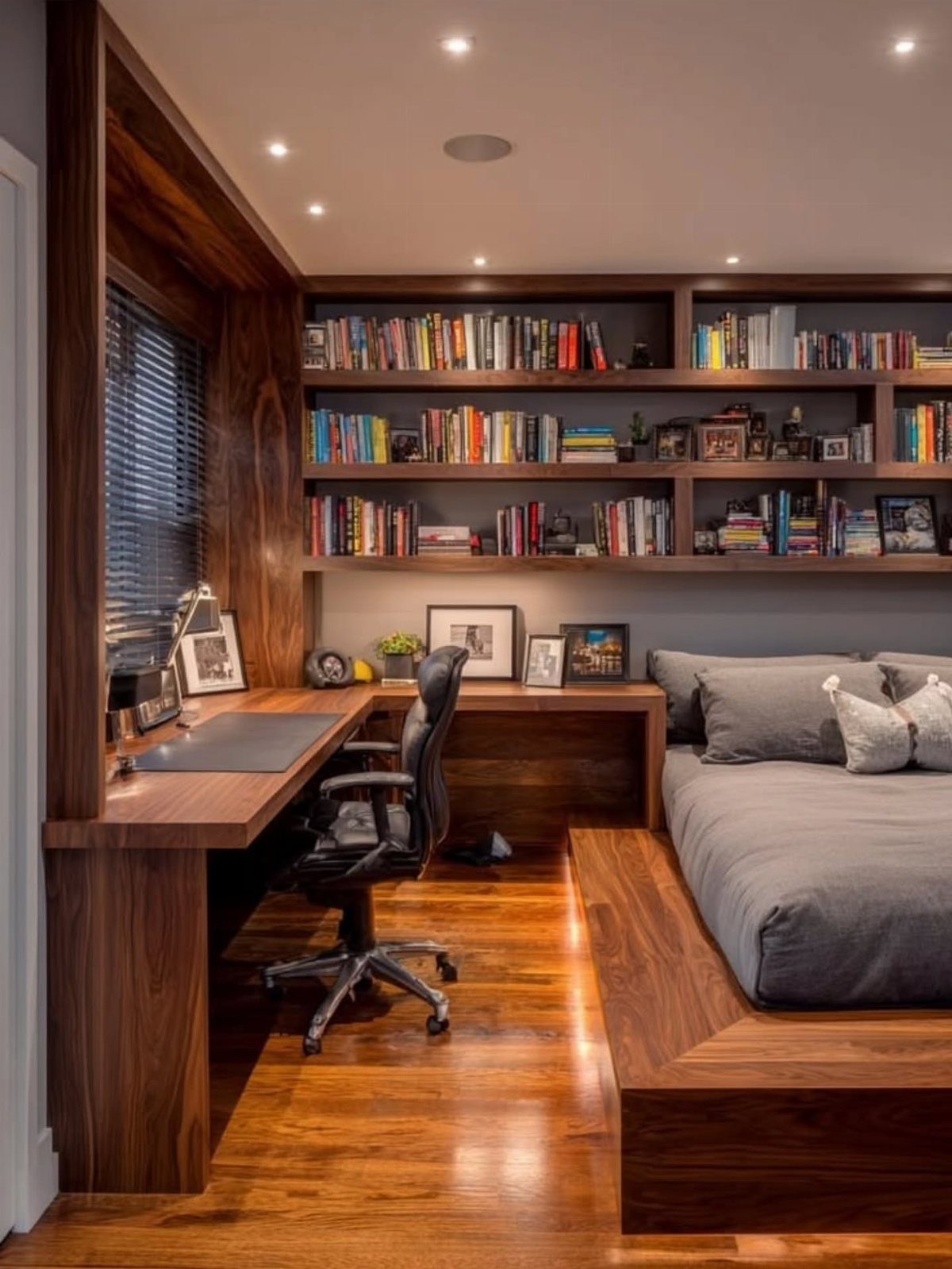 Built-in wooden desk and shelving unit integrated into a modern bedroom with grey bedding.