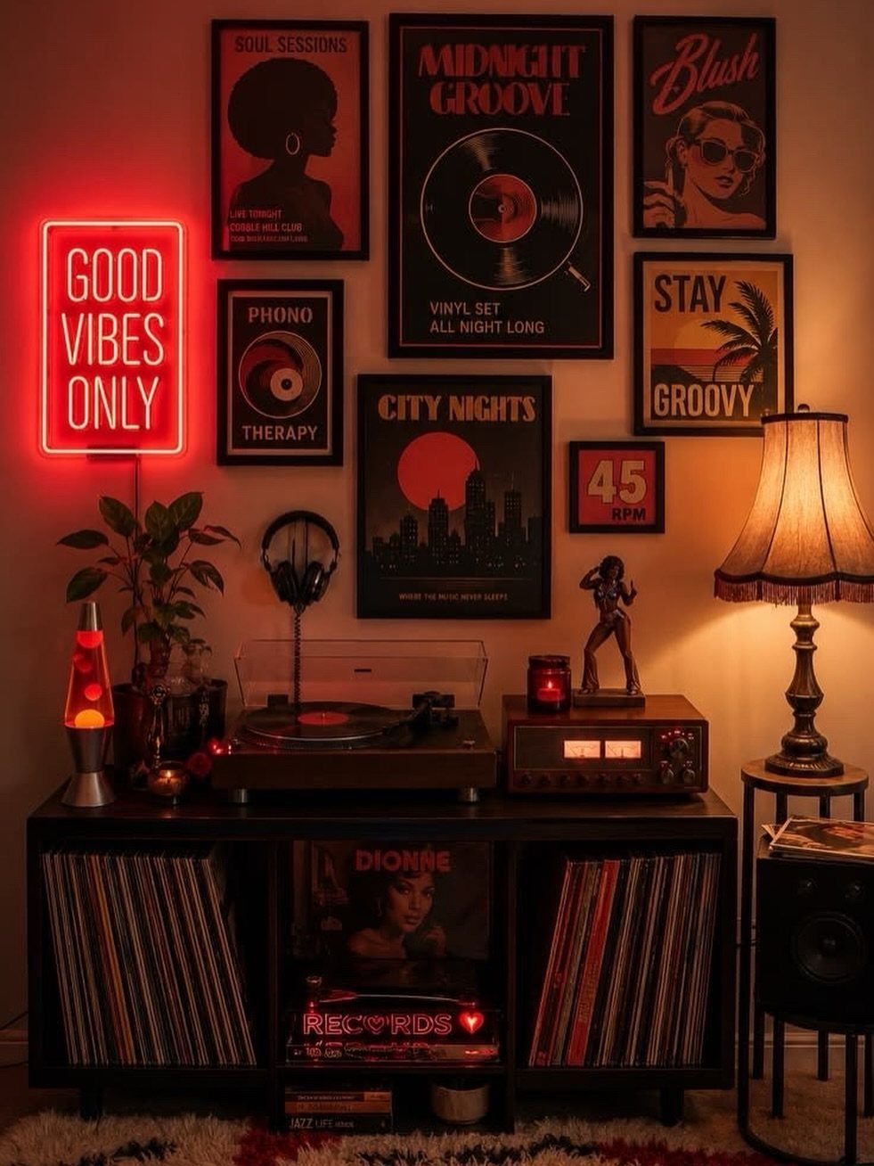 Retro music corner with record player, lava lamp, and vintage posters on wall