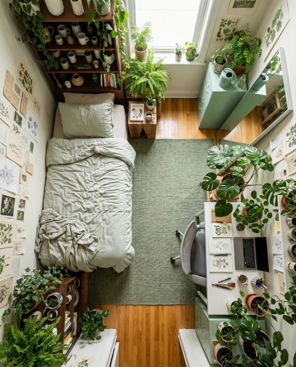 Small bedroom filled with many green potted plants, a bed, and a desk.