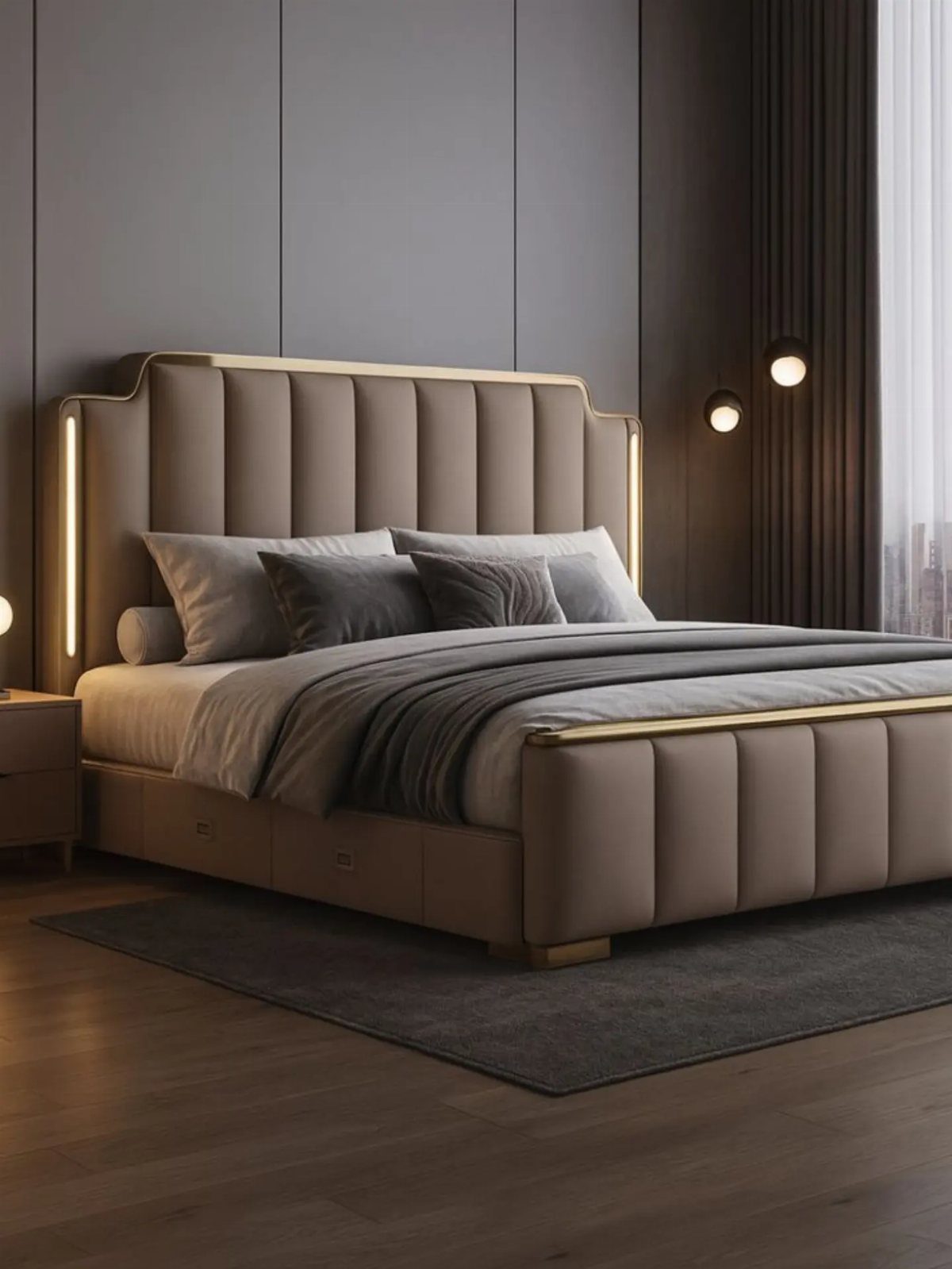 Beige upholstered bed with gold trim and channeled headboard in a modern bedroom