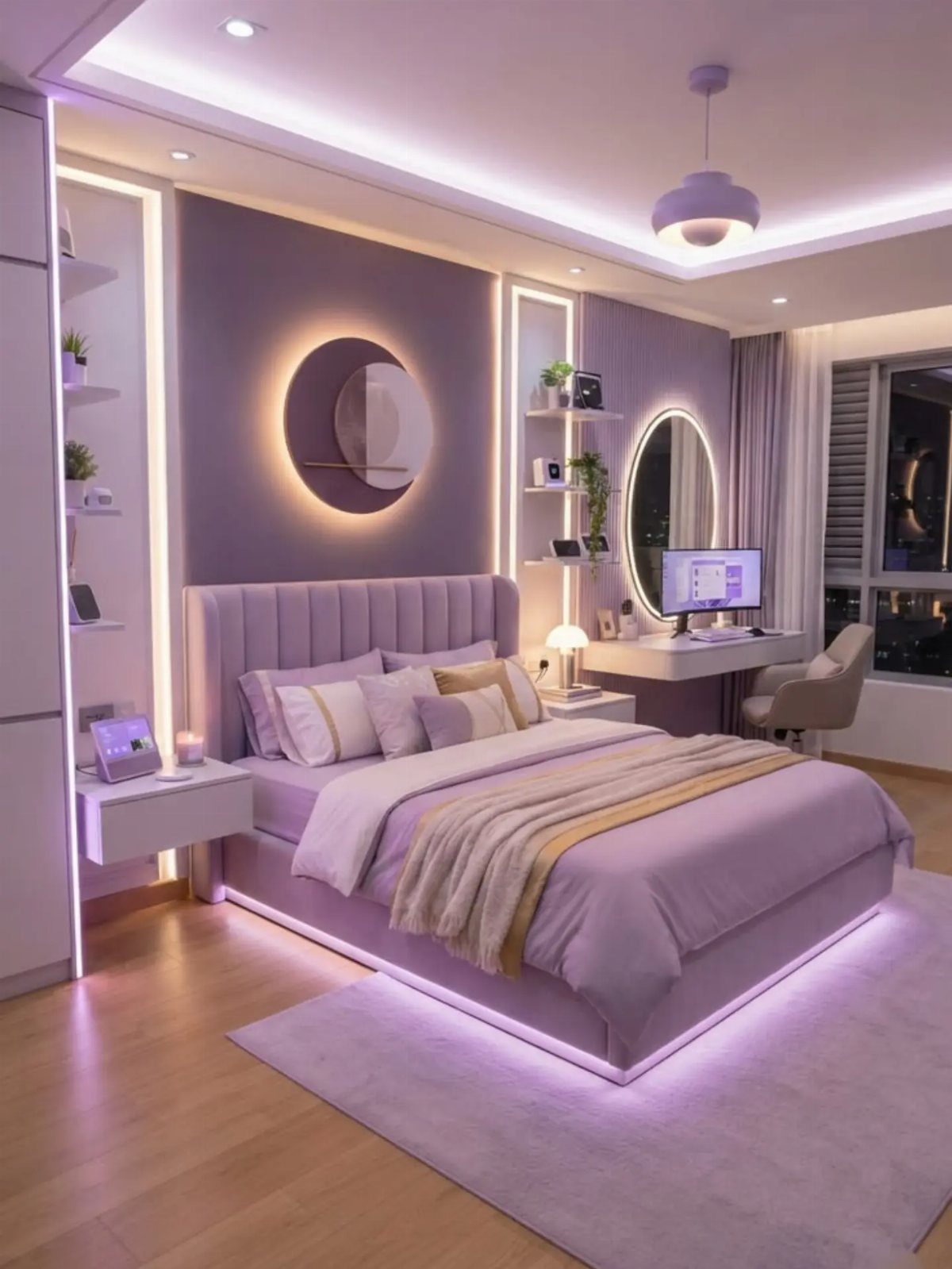 Modern master bedroom with purple lighting, tufted bed, and integrated LED accents.