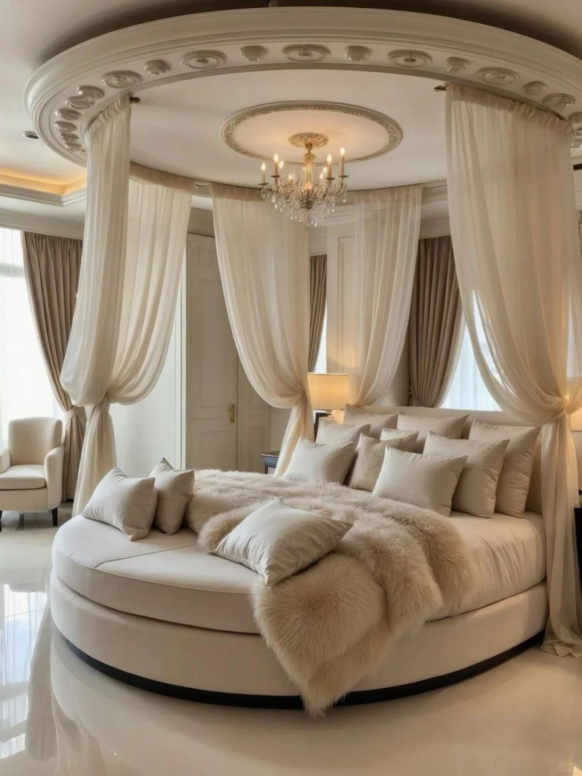 Circular bed with white canopy curtains and a crystal chandelier in a luxury bedroom