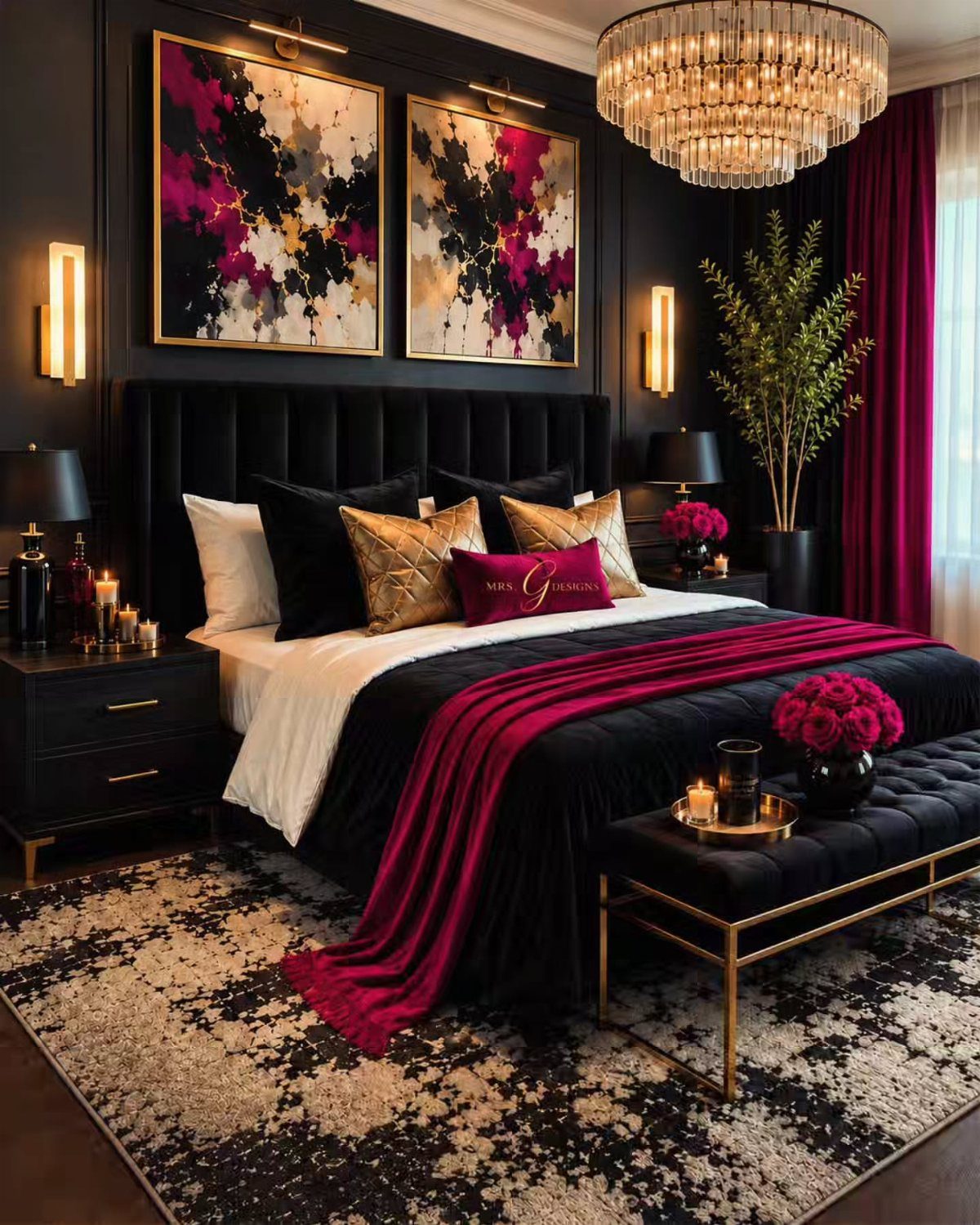 Luxurious master bedroom with black velvet bed and long red floor-to-ceiling curtains.