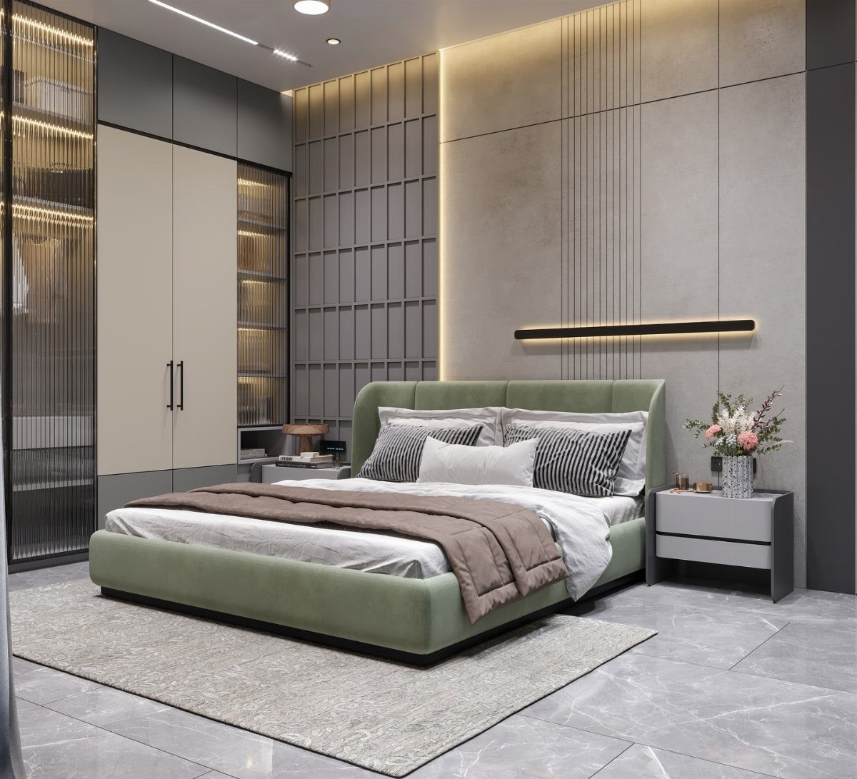 Modern master bedroom with a green upholstered bed and grey paneled walls.