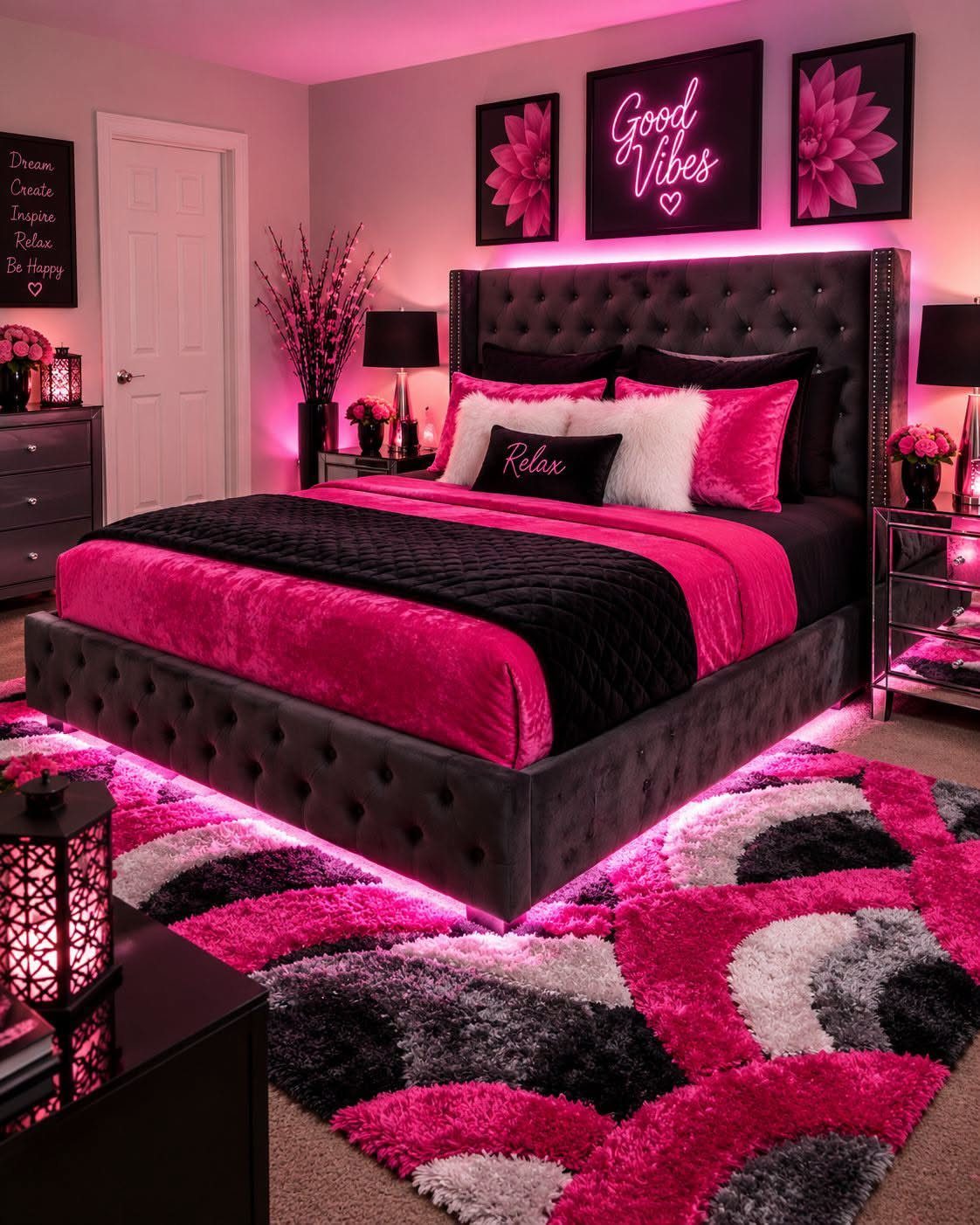 Tufted grey bed with hot pink bedding and a plush patterned rug.