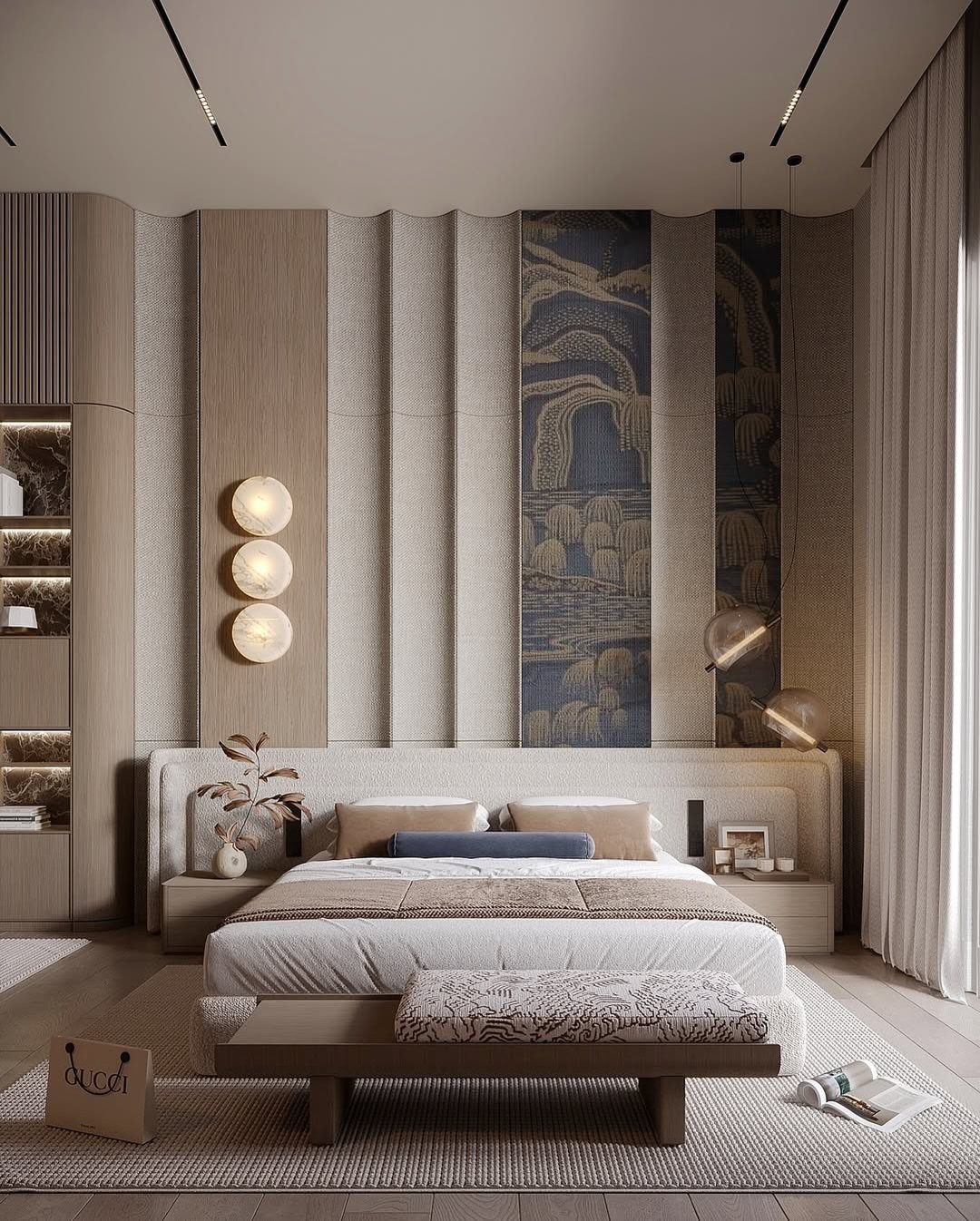 Modern Japandi bedroom with neutral tones, textured wall panels, and minimalist spherical lighting.